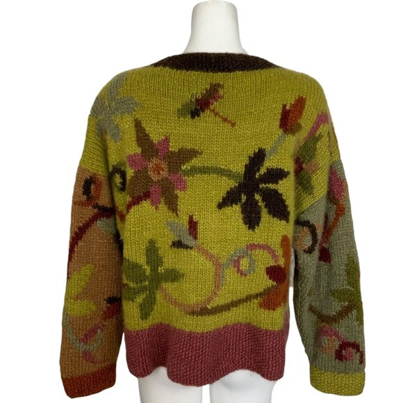 Tara Handknits Handspun Wool Cardigan Sweater L Floral Chunky Button Up Hippie - Picture 2 of 13